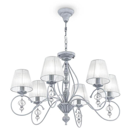 Monsoon Kronleuchter 6-flg. aus Metall in antikem Grau mit Organza-Schirmen