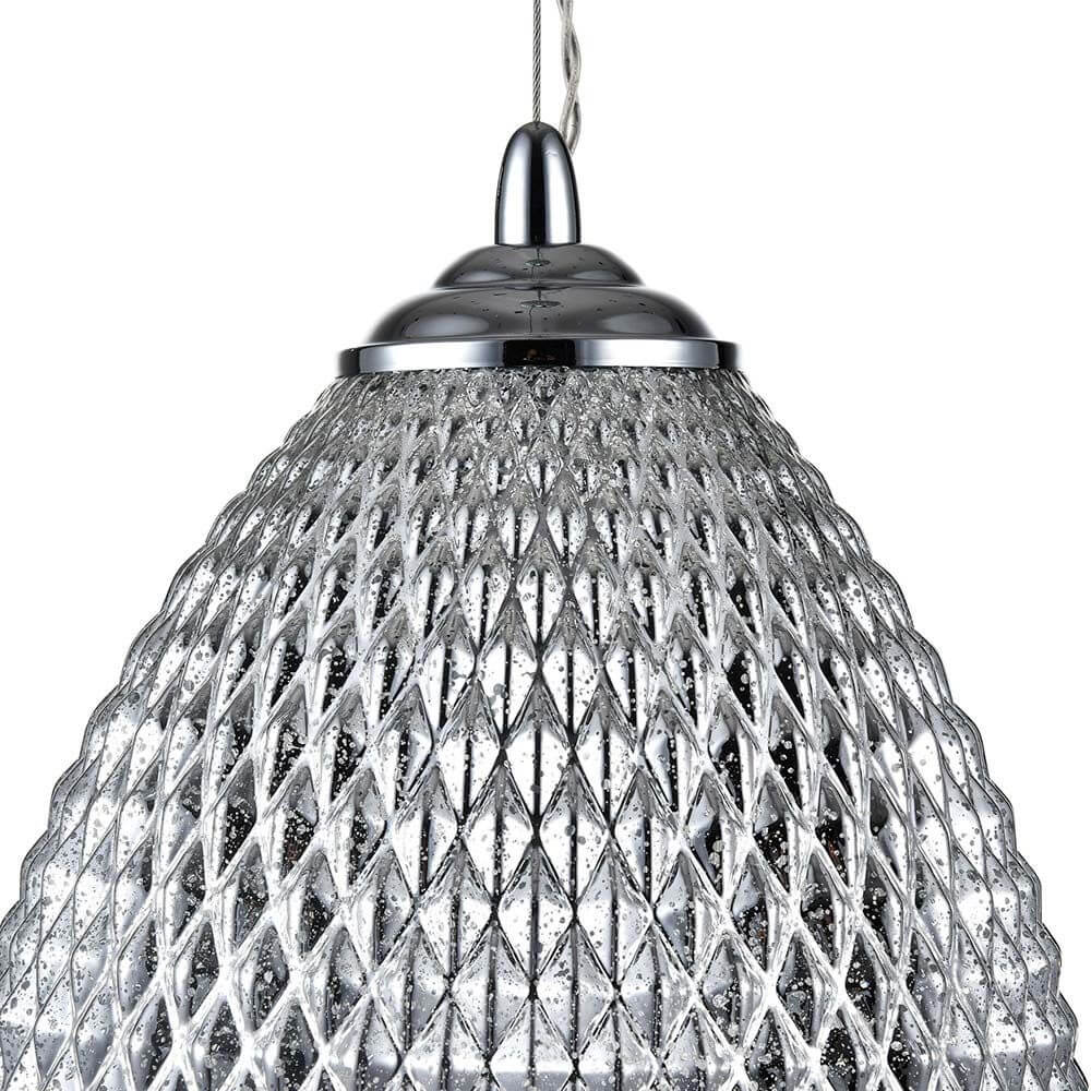 Moreno Pendellampe mit verchromtem Metallrahmen und Glasornamenten im Vintage-Stil.