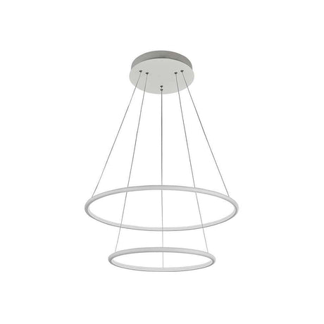 Nola LED suspension Ø 60 cm avec deux modules lumineux ronds, structure en métal et position de l’anneau réglable.