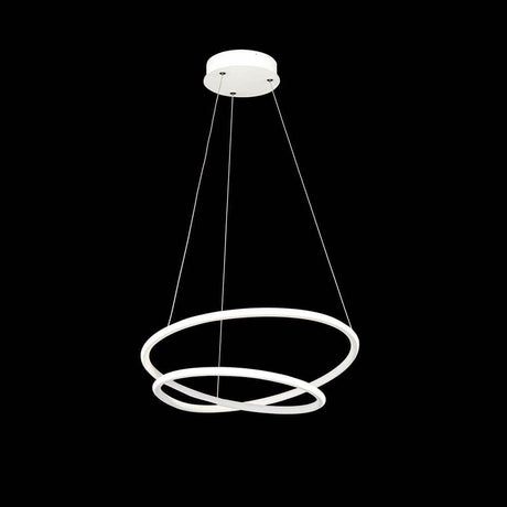 Suspension Nola LED blanche avec structure métallique et deux anneaux, idéale pour un intérieur moderne.