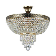 Palace chandelier antique gold with metal frame and crystals in various sizes and shapes.