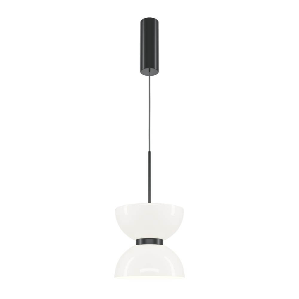 LED Pendelleuchte Kyoto Ø 22cm in modernem Design mit weißem Lampenschirm und schwarzem Aufhängesystem.