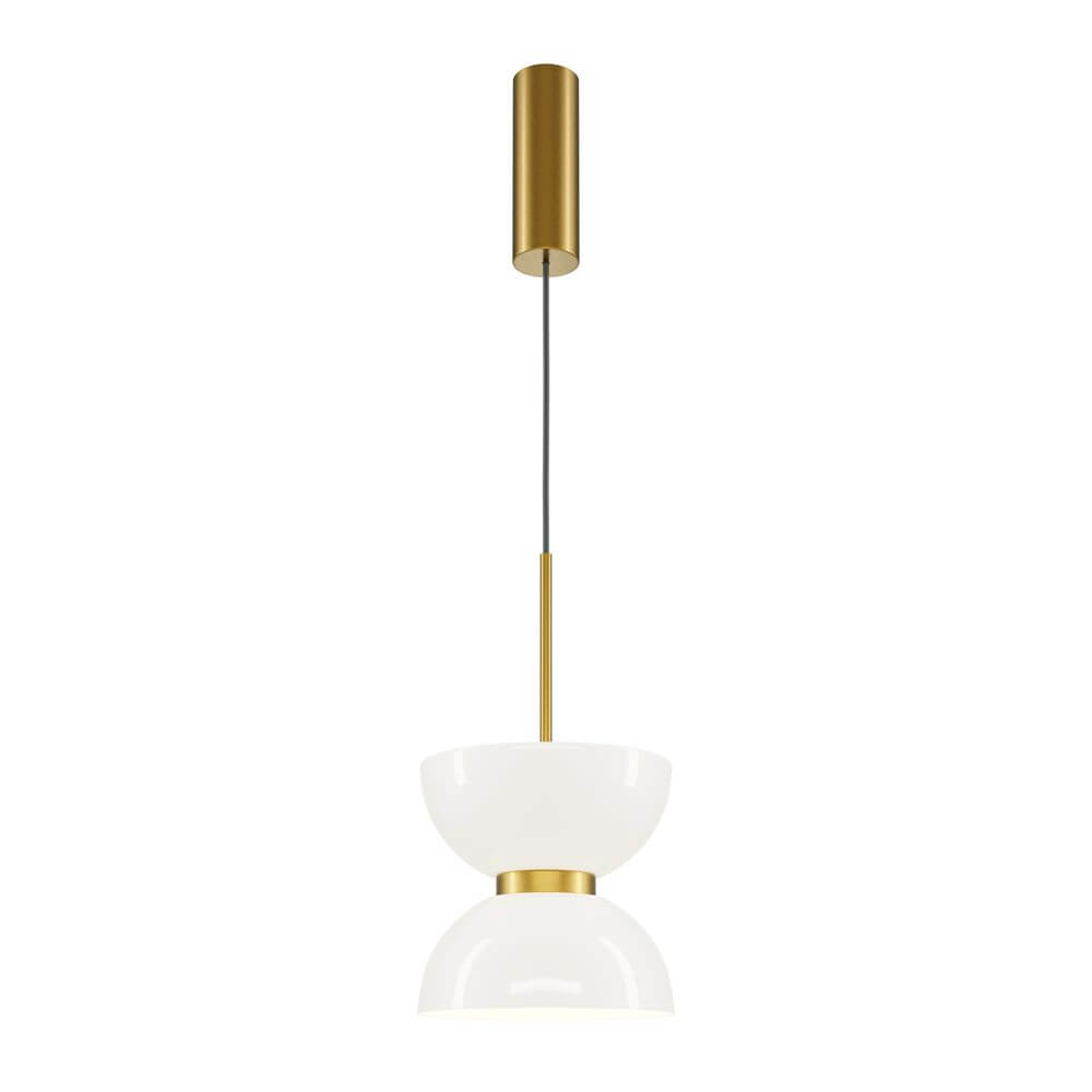 LED Pendelleuchte Kyoto Ø 22cm in modernem Design mit weißem Schirm und goldenen Akzenten.