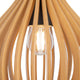 Holz Pendelleuchte Roots Bauchform mit elegantem Lampenschirm und Glühbirne im Inneren.