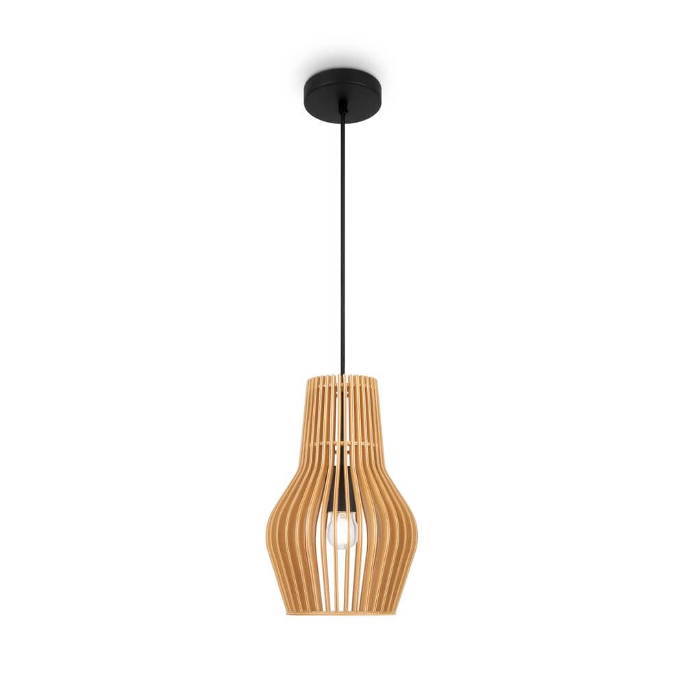 Holz Hängeleuchte Roots in Tropfenform mit modernem design aus Holz und schwarzem Kabel.