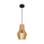 Holz Hängeleuchte Roots in Tropfenform mit modernem design aus Holz und schwarzem Kabel.