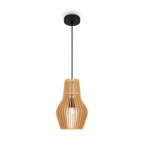 Holz Hängeleuchte Roots in Tropfenform mit modernem design aus Holz und schwarzem Kabel.