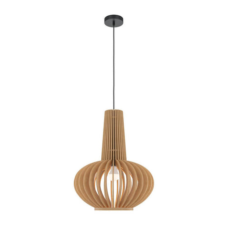 Ovale Holz Pendelleuchte Roots mit modernem Design und geschwungenem Lampenschirm aus Holz.