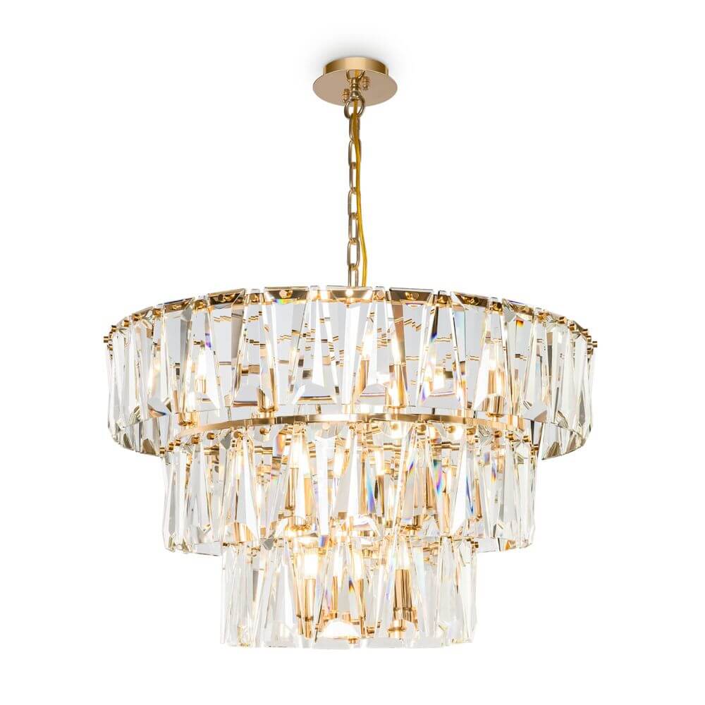 Puntes Pendelleuchte 18-flammig mit eleganten Kristallen und goldener Kette, ideal für stilvolle Innenräume.