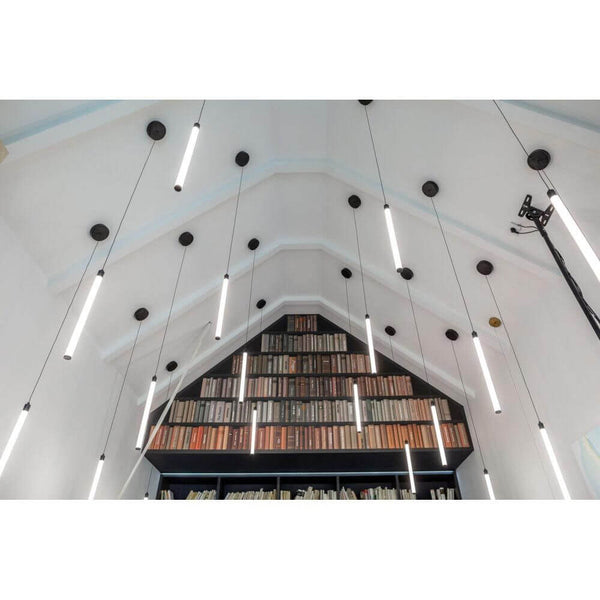 Ray LED-Hängeleuchte in Schwarz, moderne Pendelleuchten im hohen Raum über Bücherregal