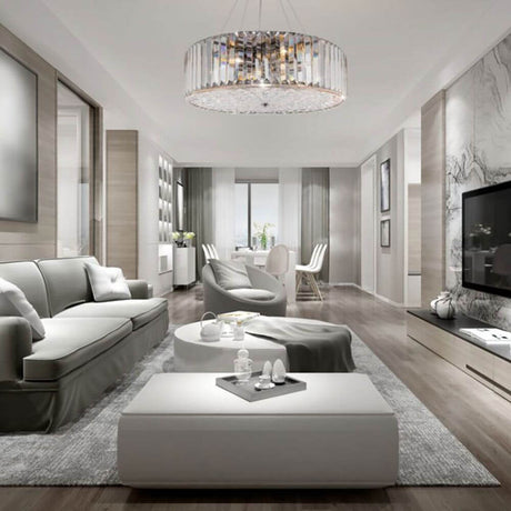 Moderne Wohnzimmer mit Recinto Kristall Hängelampe, eleganter Einrichtung und luxuriösem Design.