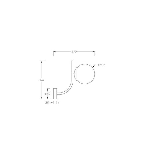 Technical drawing of the Rendez-vous wall lamp with glass sphere, showing dimensions and design details.