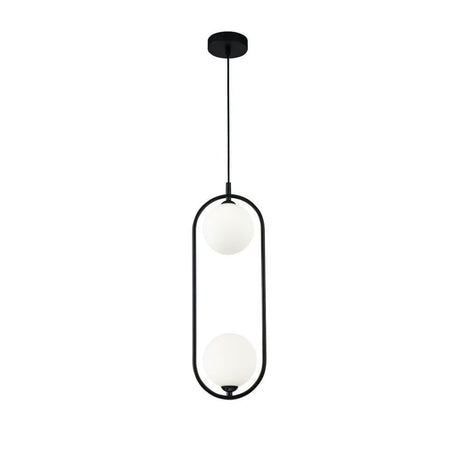 Suspension Ring à 2 lumières avec cadre noir et deux sphères en verre blanches.