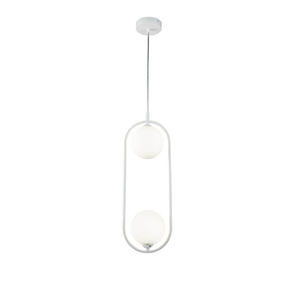 Ring 2-flammige Hängeleuchte mit modernen, weißen Glaskugeln in minimalistischem Design.
