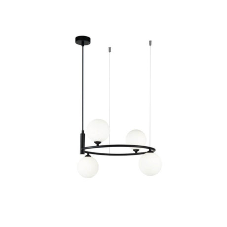 Suspension en anneau avec 4 sphères en verre au design moderne et dans une élégante combinaison noir et blanc.