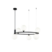Suspension ring moderne 6 lumières avec des coupelles en verre blanches et une structure noire.