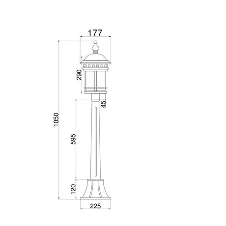 Dessin coté de la borne lumineuse Salamanca IP44 au style rétro, fabriquée en alliage d’aluminium.