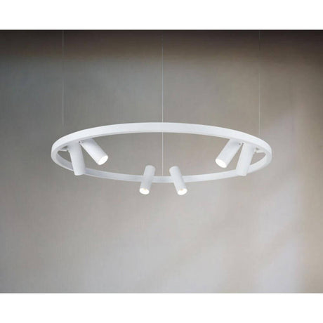 Suspension moderne Satellite LED avec des éléments lumineux sobres, répartis uniformément en blanc.