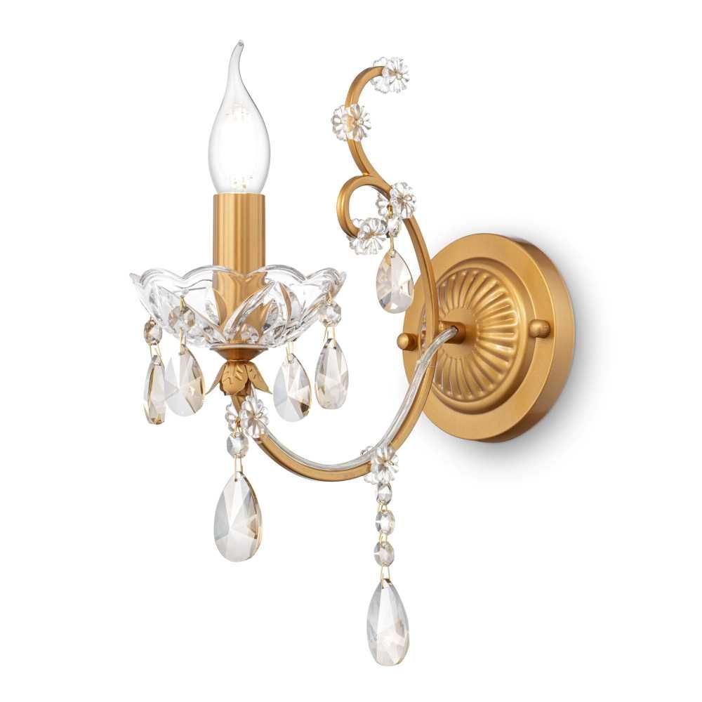 Sevilla Wandleuchte Gold mit vergoldetem Metallrahmen und Kristallanhängern für elegantes Ambiente.