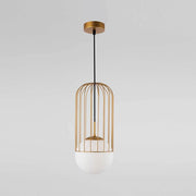 Telford pendant light gold, white with decorative metal frame and frosted glass diffusers.