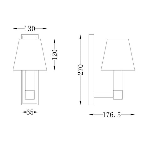 Schematische Darstellung der Tetatet Wandleuchte mit Maßen und Designmerkmalen.