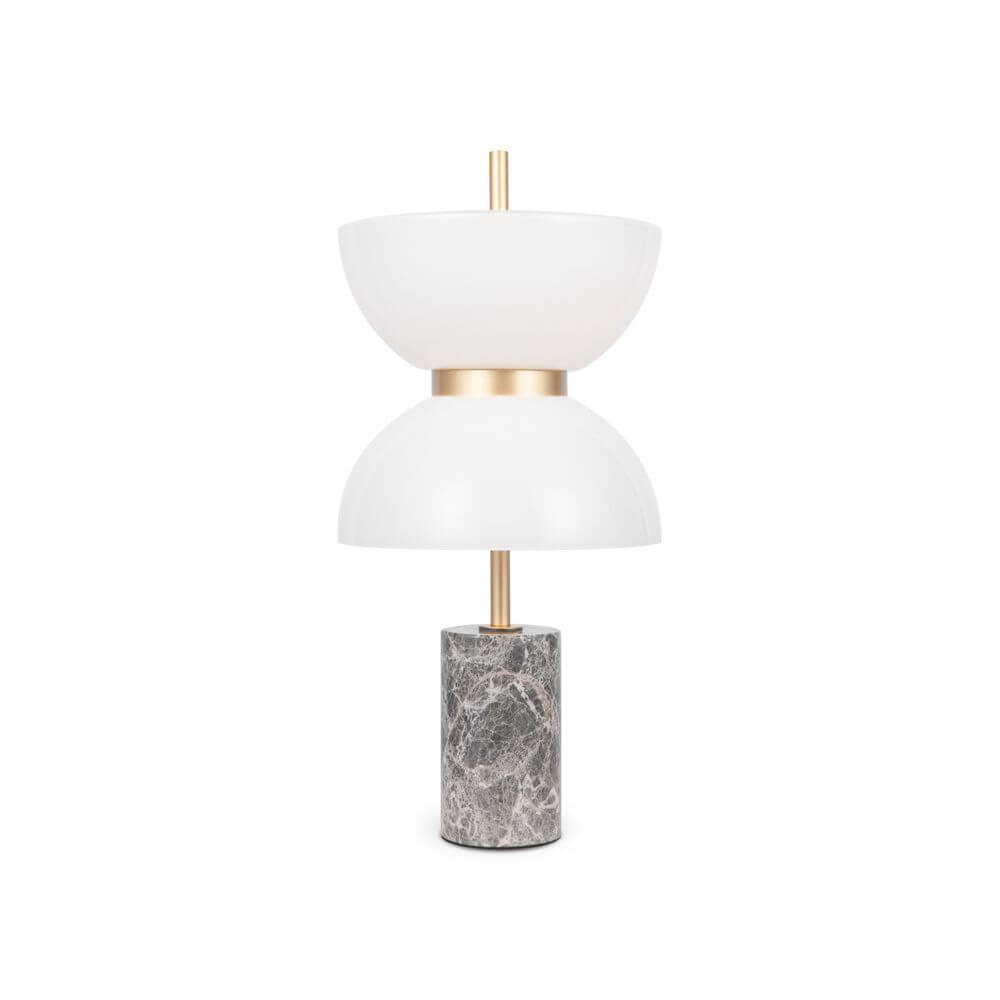 LED Tischleuchte Kyoto Ø 22cm in modernem Design mit marmoriertem Sockel und weißen Schirmen.