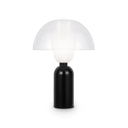 LED Tischleuchte Memory Ø 30cm mit schwarzem Sockel und leuchtender Kuppel aus Glas.