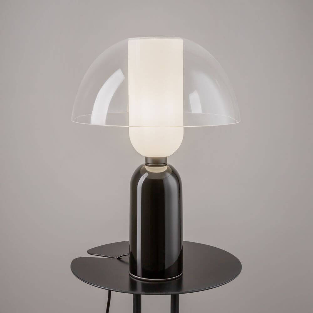 Moderne LED Tischleuchte Memory Ø 30cm mit ovalem Lampenschirm und schwarzem Sockel