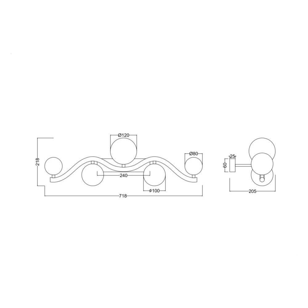 Technische Zeichnung der Uva Wandleuchte mit Abmessungen und Designdetails.