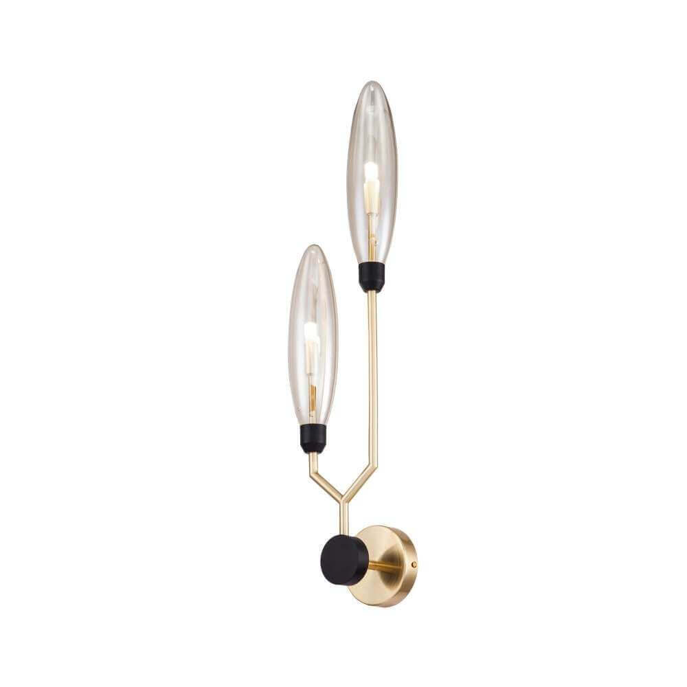 Ventura 2-flg. Wandleuchte Gold mit Metallrahmen und bernsteinfarbigen Diffusoren für stilvolle Beleuchtung.