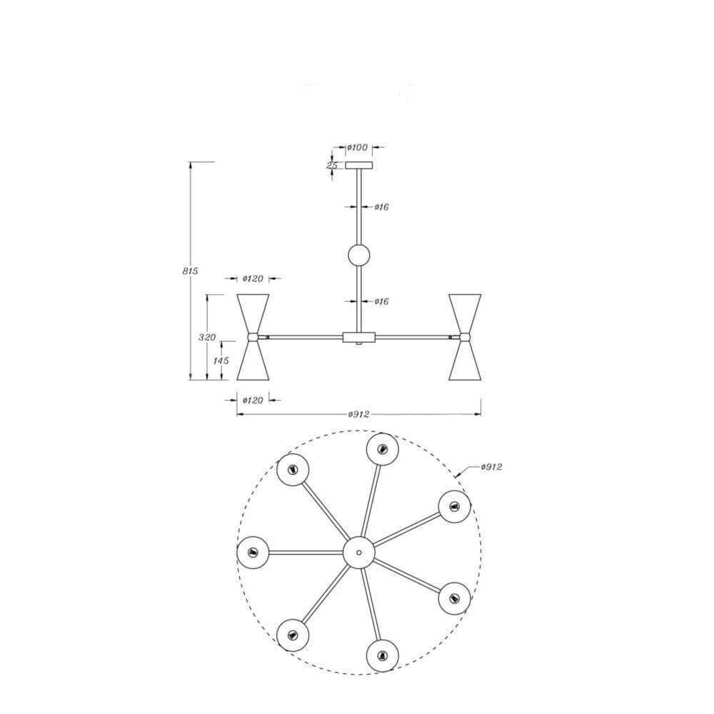 Technische Zeichnung der Vesper Pendelleuchte Mini mit Abmessungen und Designdetails.