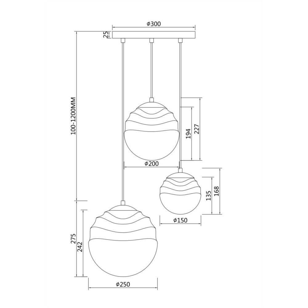 Technische Zeichnung der Vinare 3-flammige Pendelleuchte mit Maßen und Designdetails.
