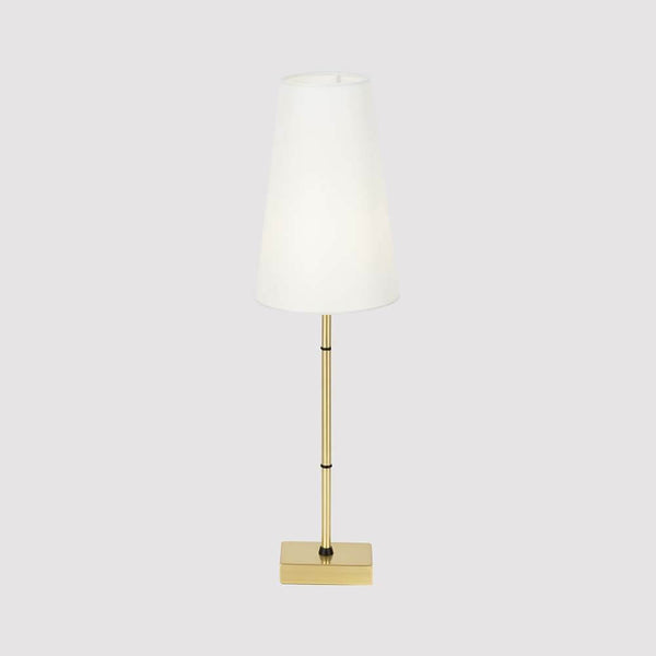 Lampe de table Zaragoza 60 cm avec cadre en laiton poli et abat-jour en tissu blanc.