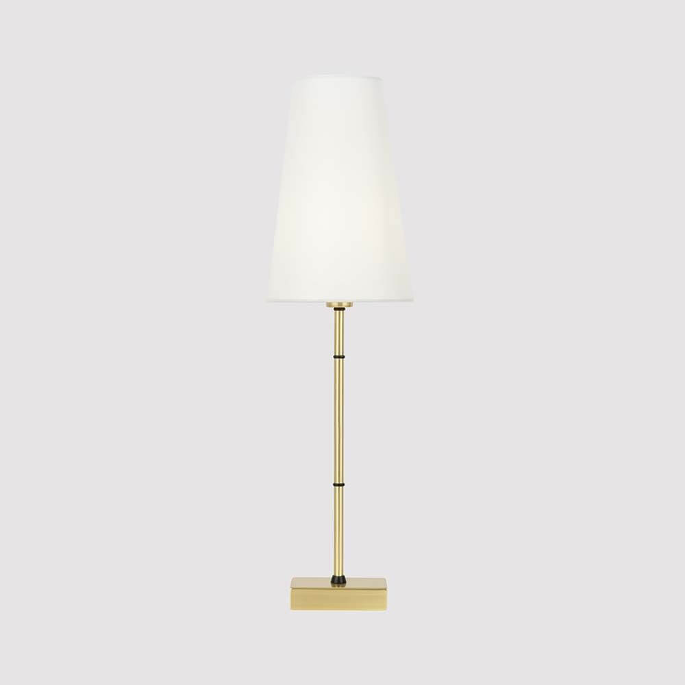 Zaragoza Tischlampe 60cm mit Metallrahmen und polierter Messing-Ausführung, weißem Stoffschirm.