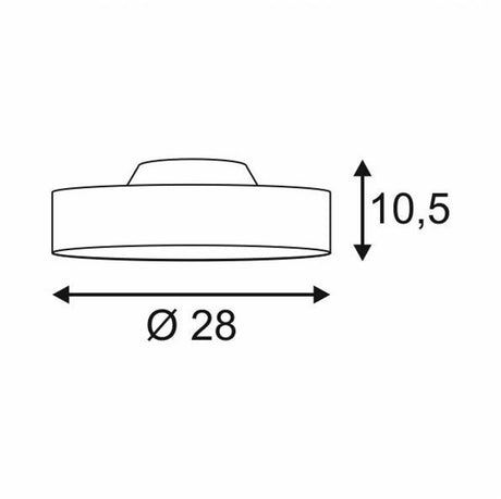 Maßzeichnung der Medo 28 LED Deckenleuchte Schwarz optional abpendelbar mit Durchmesser 28 cm und Höhe 10,5 cm.