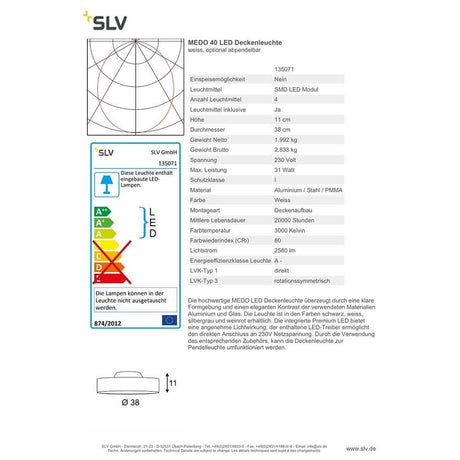 Technische Details zur Medo 40 LED Deckenleuchte Weiß mit Informationen zu Material und Lichtqualität.