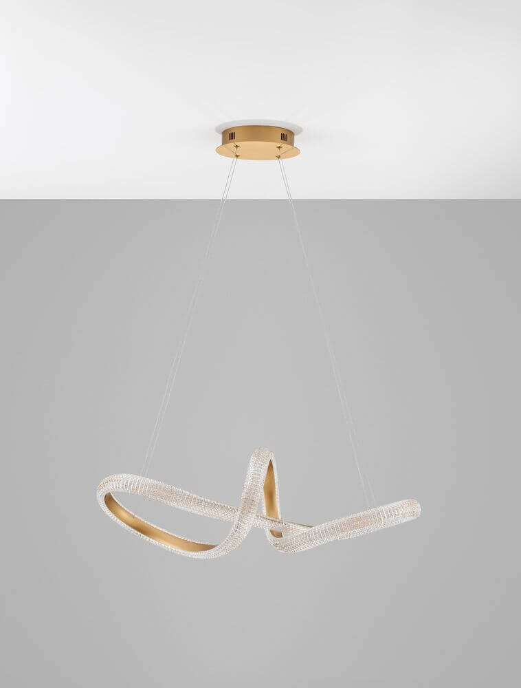 Medora LED Pendelleuchte Ø 75,5cm 3000K Messing-Gold in elegantem Design über einem grauen Hintergrund.