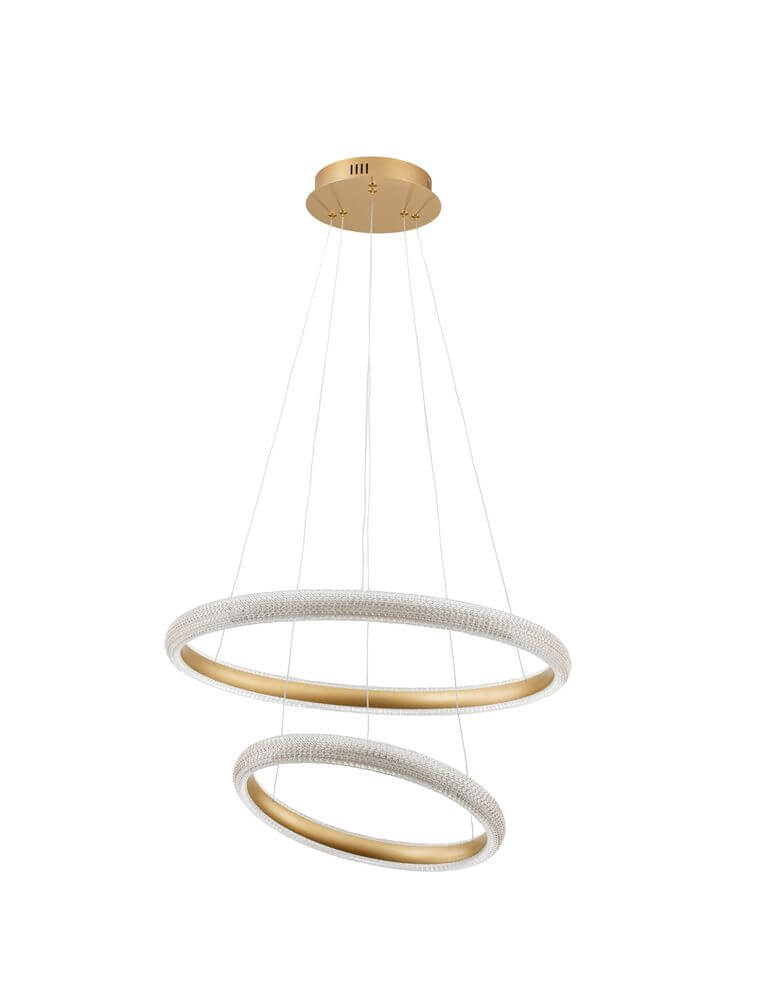 Elegante Medora LED Pendelleuchte 2-flammig Ø 59cm 3000K Messing-Gold mit zwei Ringen in modernem Design.
