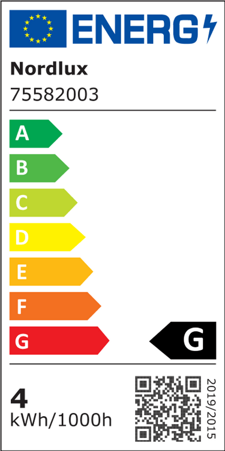 Etykieta efektywności energetycznej Nordlux 75582003 z oceną G dla lampy zaciskowej Mento LED w kolorze czarnym.