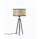 Metall Dreibein-Tischlampe mit Heuschirm auf weißem Hintergrund, modernes Design mit natürlichem Lampenschirm.