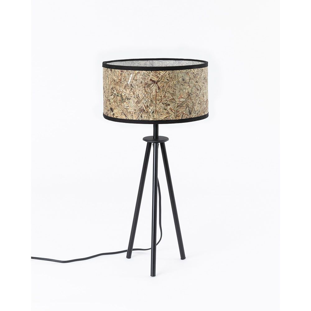 Lámpara de mesa trípode de metal con pantalla de heno