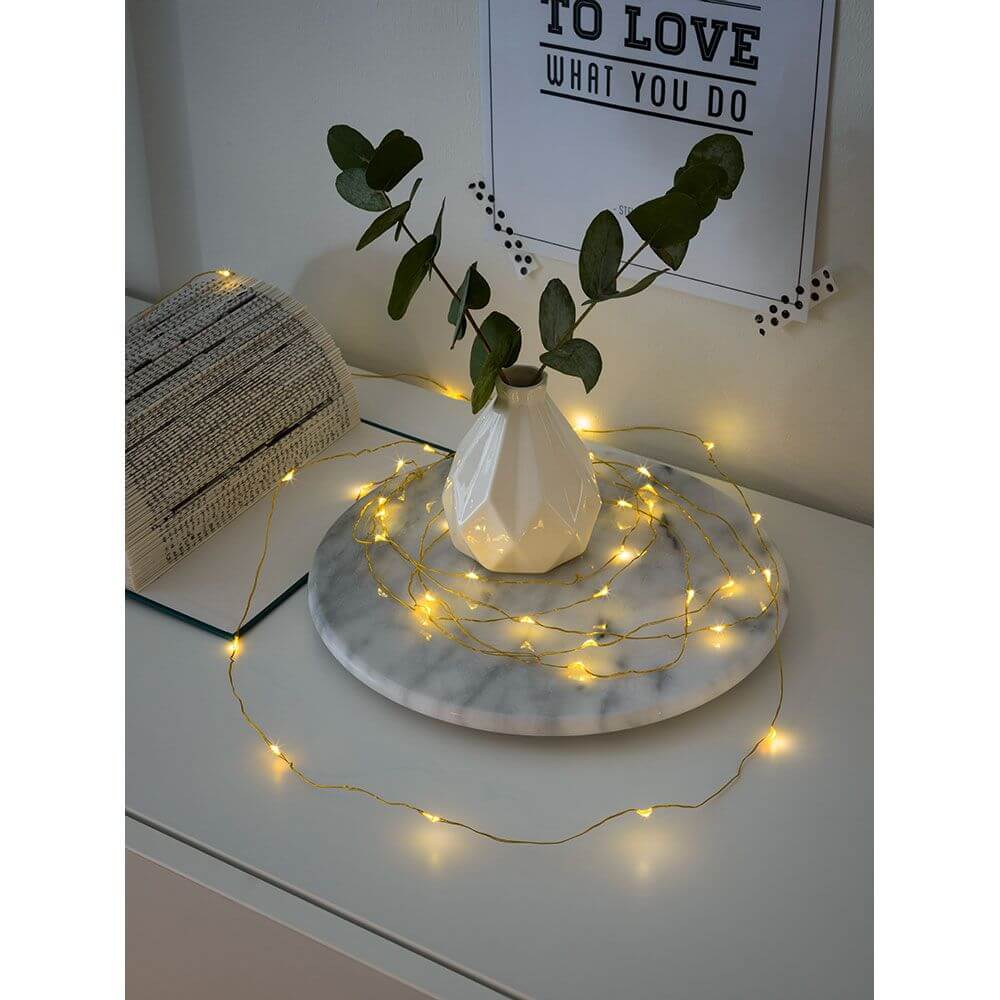 2,4m Micro LED Lichterkette Timer 20 Warmweiße Dioden batteriebetrieben um eine Vase mit Eukalyptus.