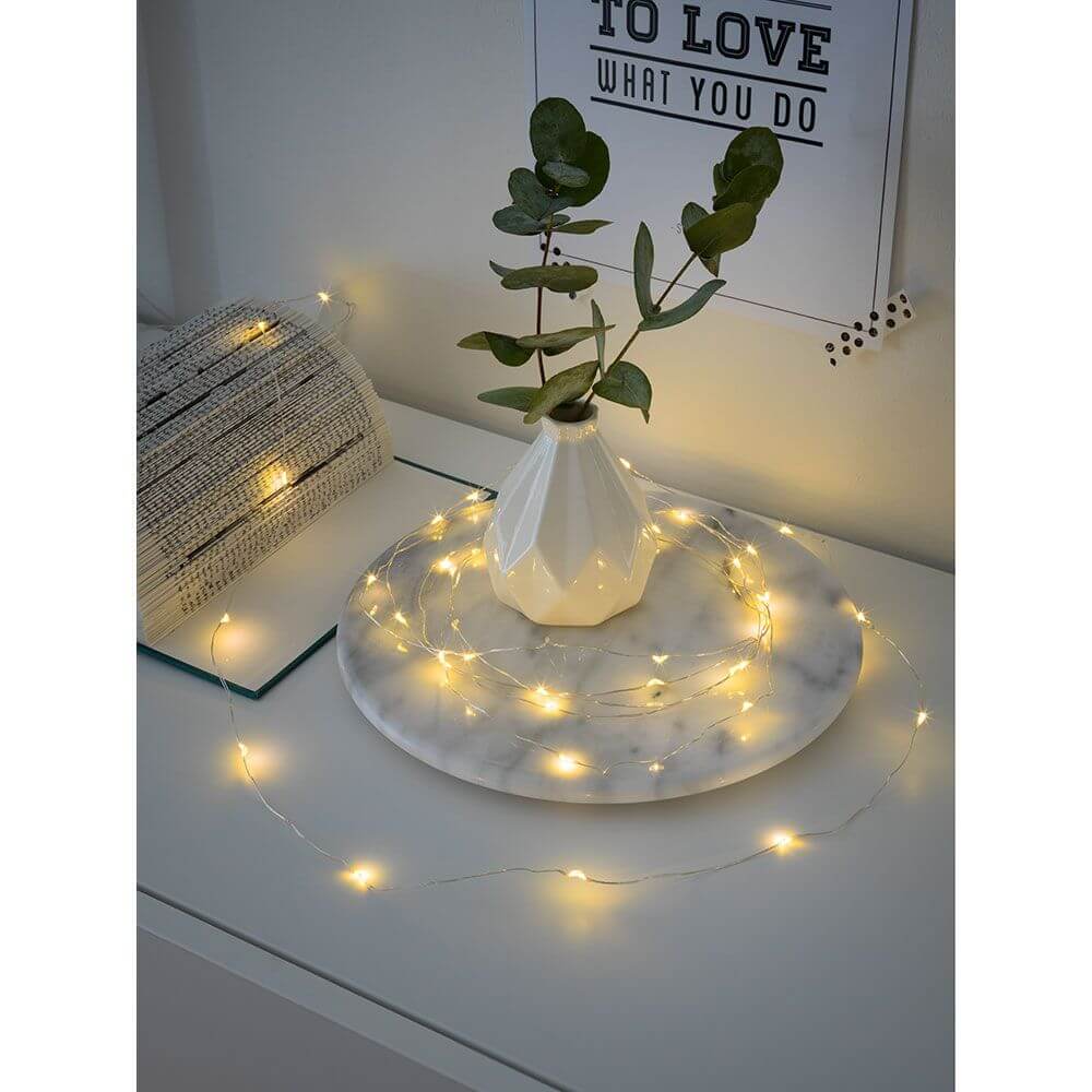 2,4m Micro LED Lichterkette Timer 40 Warmweiße Dioden batteriebetrieben, dekorativ um eine Vase mit Pflanzen.
