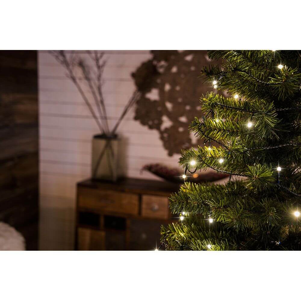 12m Micro LED Lichterkette gefrostet 10 Warmweiße Dioden dekoriert an einem Tannenbaum in festlicher Umgebung.