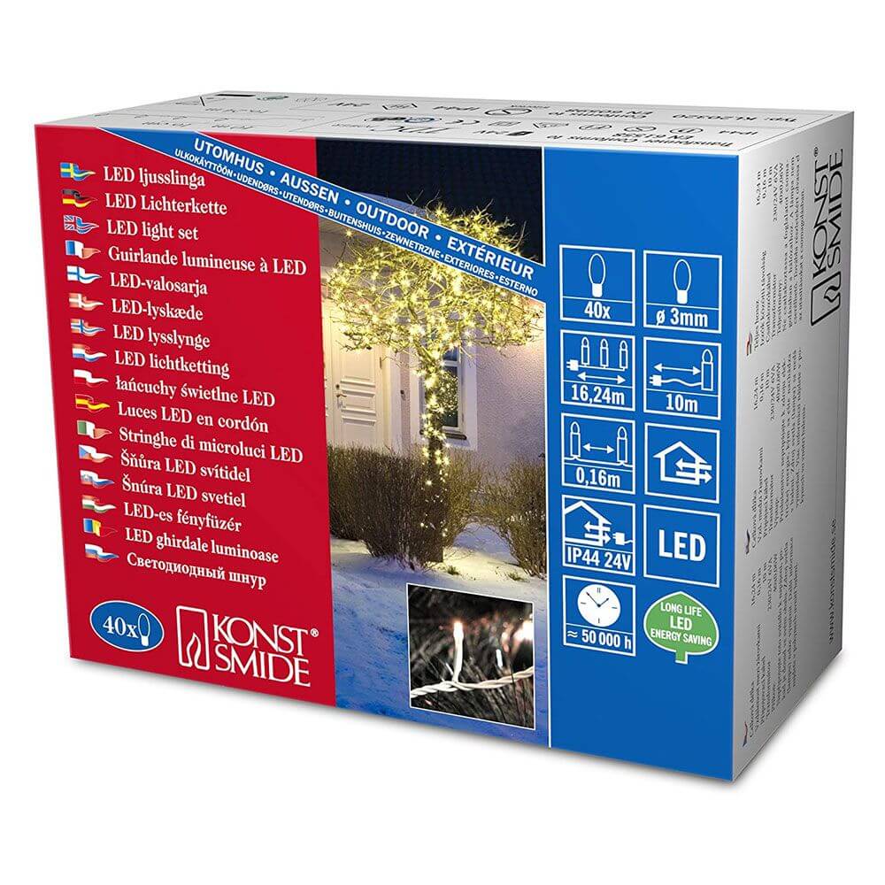 Micro LED Lichterkette 40 Warmweiße Dioden IP44 Verpackung mit verschiedenen Funktionen und Eigenschaften.