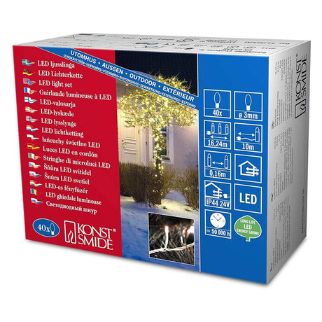 Micro LED string lights 40 warm white diodes IP44 packaging with various functions and features.
