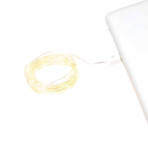 2.5m Micro LED string lights with USB connection, 50 light points, connected to a laptop.