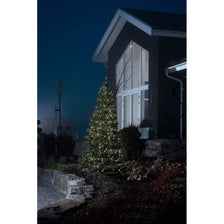 Guirlande lumineuse LED Micro de 15 m extension 100 diodes blanc froid IP44, arbre décoré la nuit devant une maison moderne.