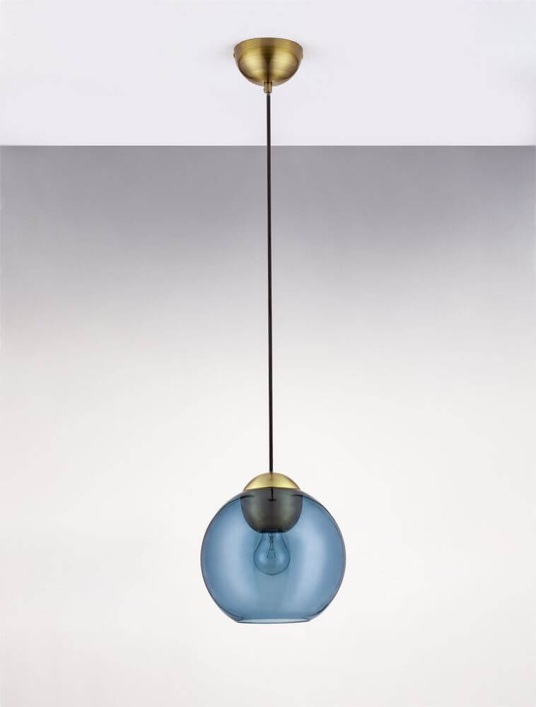 Midori Pendelleuchte E27 Ø 24cm mit elegantem blauen Glasschirm und mattem schwarzen Metallkopf.