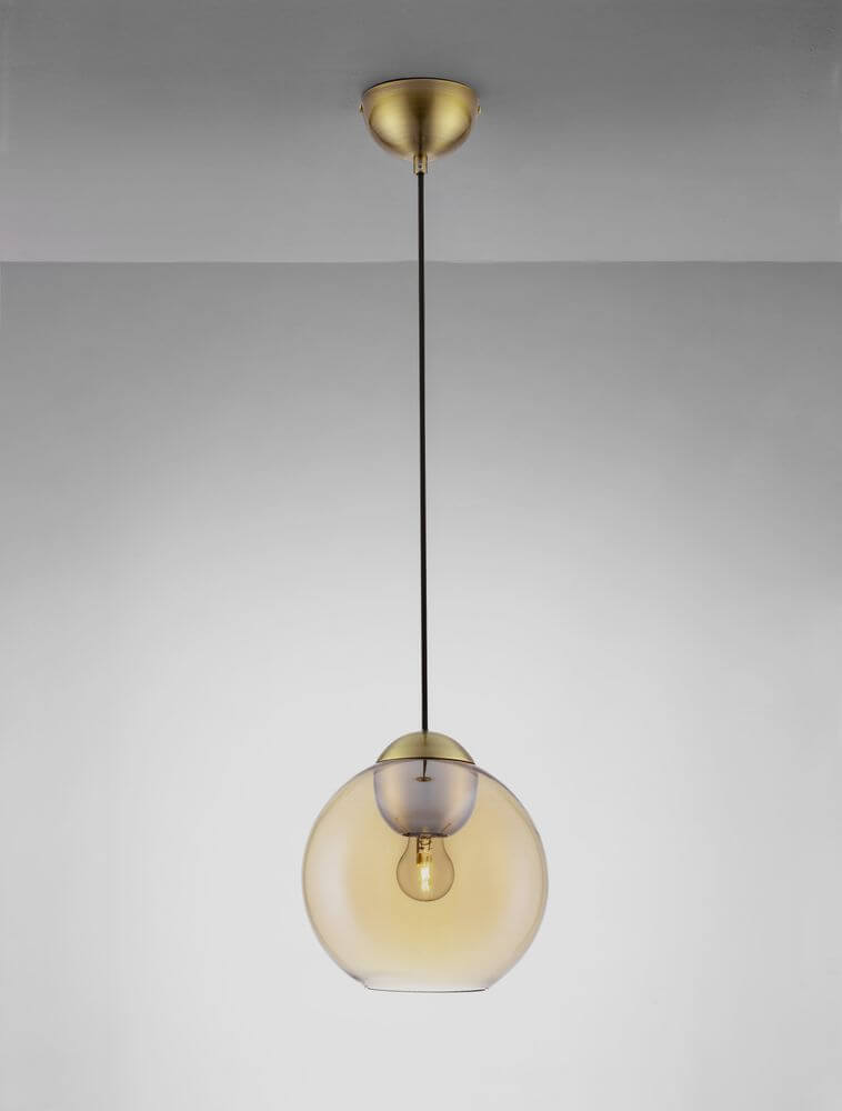 Midori Pendelleuchte E27 Ø 24cm mit rauchgrauem Glasschirm und schwarzem Metallkopf.